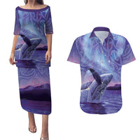 New Zealand Matariki Humpback Whale Couples Matching Puletasi and Hawaiian Shirt Paikea Maori New Year Purple Galaxy