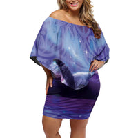 New Zealand Matariki Humpback Whale Family Matching Off Shoulder Short Dress and Hawaiian Shirt Paikea Maori New Year Purple Galaxy