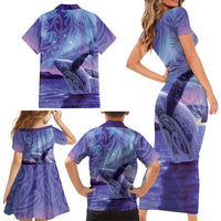 New Zealand Matariki Humpback Whale Family Matching Short Sleeve Bodycon Dress and Hawaiian Shirt Paikea Maori New Year Purple Galaxy