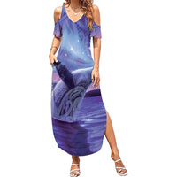 New Zealand Matariki Humpback Whale Family Matching Summer Maxi Dress and Hawaiian Shirt Paikea Maori New Year Purple Galaxy