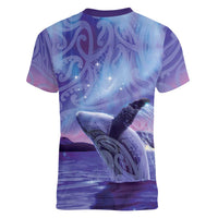 New Zealand Matariki Humpback Whale Women V-Neck T-Shirt Paikea Maori New Year Purple Galaxy