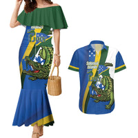 Solomon Islands Independence Day Couples Matching Mermaid Dress and Hawaiian Shirt Happy 7 July Crocodile Flag Style