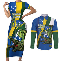 Solomon Islands Independence Day Couples Matching Short Sleeve Bodycon Dress and Long Sleeve Button Shirt Happy 7 July Crocodile Flag Style