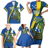 Solomon Islands Independence Day Family Matching Short Sleeve Bodycon Dress and Hawaiian Shirt Happy 7 July Crocodile Flag Style