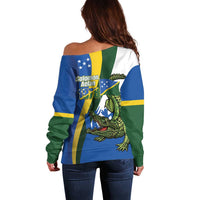 Solomon Islands Independence Day Off Shoulder Sweater Happy 7 July Crocodile Flag Style