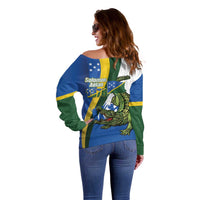Solomon Islands Independence Day Off Shoulder Sweater Happy 7 July Crocodile Flag Style