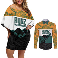 AUNZ Rugby Custom Couples Matching Off Shoulder Short Dress and Long Sleeve Button Shirt Australia Kangaroo New Zealand Silver Fern - Polynesian Pride