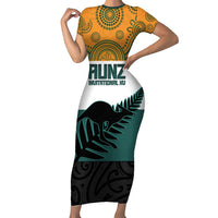 AUNZ Rugby Custom Family Matching Short Sleeve Bodycon Dress and Hawaiian Shirt Australia Kangaroo New Zealand Silver Fern - Polynesian Pride