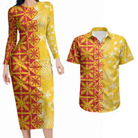 Kahili Quilt Hawaii Couples Matching Long Sleeve Bodycon Dress and Hawaiian Shirt Tropical Flower Seamless Half Style LT14 Yellow - Polynesian Pride