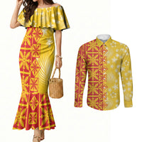Kahili Quilt Hawaii Couples Matching Mermaid Dress and Long Sleeve Button Shirt Tropical Flower Seamless Half Style LT14 Yellow - Polynesian Pride