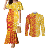 Kahili Quilt Hawaii Couples Matching Mermaid Dress and Long Sleeve Button Shirt Tropical Flower Seamless Half Style