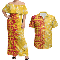 Kahili Quilt Hawaii Couples Matching Off Shoulder Maxi Dress and Hawaiian Shirt Tropical Flower Seamless Half Style LT14 Yellow - Polynesian Pride