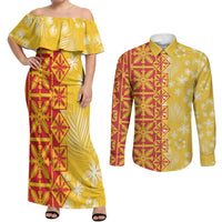 Kahili Quilt Hawaii Couples Matching Off Shoulder Maxi Dress and Long Sleeve Button Shirt Tropical Flower Seamless Half Style LT14 Yellow - Polynesian Pride