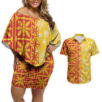 Kahili Quilt Hawaii Couples Matching Off Shoulder Short Dress and Hawaiian Shirt Tropical Flower Seamless Half Style LT14 Yellow - Polynesian Pride