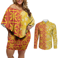 Kahili Quilt Hawaii Couples Matching Off Shoulder Short Dress and Long Sleeve Button Shirt Tropical Flower Seamless Half Style LT14 Yellow - Polynesian Pride