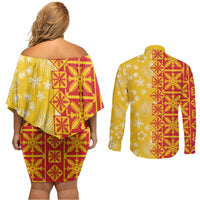 Kahili Quilt Hawaii Couples Matching Off Shoulder Short Dress and Long Sleeve Button Shirt Tropical Flower Seamless Half Style