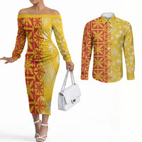 Kahili Quilt Hawaii Couples Matching Off The Shoulder Long Sleeve Dress and Long Sleeve Button Shirt Tropical Flower Seamless Half Style LT14 Yellow - Polynesian Pride