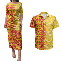 Kahili Quilt Hawaii Couples Matching Puletasi and Hawaiian Shirt Tropical Flower Seamless Half Style LT14 Yellow - Polynesian Pride