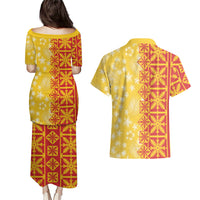 Kahili Quilt Hawaii Couples Matching Puletasi and Hawaiian Shirt Tropical Flower Seamless Half Style