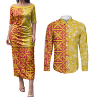 Kahili Quilt Hawaii Couples Matching Puletasi and Long Sleeve Button Shirt Tropical Flower Seamless Half Style LT14 Yellow - Polynesian Pride
