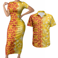 Kahili Quilt Hawaii Couples Matching Short Sleeve Bodycon Dress and Hawaiian Shirt Tropical Flower Seamless Half Style LT14 Yellow - Polynesian Pride
