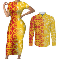 Kahili Quilt Hawaii Couples Matching Short Sleeve Bodycon Dress and Long Sleeve Button Shirt Tropical Flower Seamless Half Style