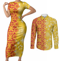 Kahili Quilt Hawaii Couples Matching Short Sleeve Bodycon Dress and Long Sleeve Button Shirt Tropical Flower Seamless Half Style LT14 Yellow - Polynesian Pride