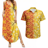 Kahili Quilt Hawaii Couples Matching Summer Maxi Dress and Hawaiian Shirt Tropical Flower Seamless Half Style LT14 Yellow - Polynesian Pride