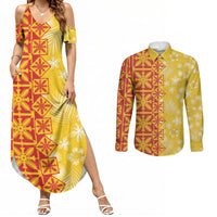Kahili Quilt Hawaii Couples Matching Summer Maxi Dress and Long Sleeve Button Shirt Tropical Flower Seamless Half Style LT14 Yellow - Polynesian Pride