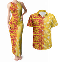 Kahili Quilt Hawaii Couples Matching Tank Maxi Dress and Hawaiian Shirt Tropical Flower Seamless Half Style LT14 Yellow - Polynesian Pride