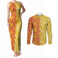 Kahili Quilt Hawaii Couples Matching Tank Maxi Dress and Long Sleeve Button Shirt Tropical Flower Seamless Half Style LT14 Yellow - Polynesian Pride