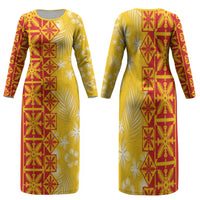 Kahili Quilt Hawaii Family Matching Long Sleeve Bodycon Dress and Hawaiian Shirt Tropical Flower Seamless Half Style LT14 Mom's Dress Yellow - Polynesian Pride