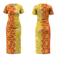 Kahili Quilt Hawaii Family Matching Short Sleeve Bodycon Dress and Hawaiian Shirt Tropical Flower Seamless Half Style LT14 Mom's Dress Yellow - Polynesian Pride