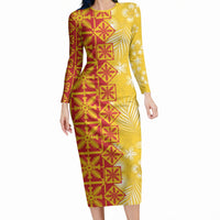 Kahili Quilt Hawaii Long Sleeve Bodycon Dress Tropical Flower Seamless Half Style LT14 Long Dress Yellow - Polynesian Pride