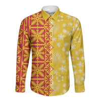 Kahili Quilt Hawaii Long Sleeve Button Shirt Tropical Flower Seamless Half Style LT14 Unisex Yellow - Polynesian Pride