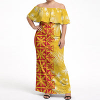 Kahili Quilt Hawaii Off Shoulder Maxi Dress Tropical Flower Seamless Half Style LT14 Women Yellow - Polynesian Pride