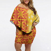 Kahili Quilt Hawaii Off Shoulder Short Dress Tropical Flower Seamless Half Style LT14 Women Yellow - Polynesian Pride