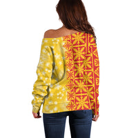 Kahili Quilt Hawaii Off Shoulder Sweater Tropical Flower Seamless Half Style