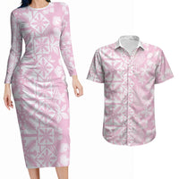 Pastel Pink Kahili Quilt Hawaii Couples Matching Long Sleeve Bodycon Dress and Hawaiian Shirt Tropical Flower Seamless Half Style LT14 Pink - Polynesian Pride