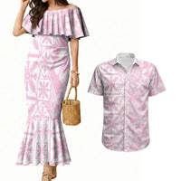 Pastel Pink Kahili Quilt Hawaii Couples Matching Mermaid Dress and Hawaiian Shirt Tropical Flower Seamless Half Style LT14 Pink - Polynesian Pride