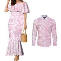 Pastel Pink Kahili Quilt Hawaii Couples Matching Mermaid Dress and Long Sleeve Button Shirt Tropical Flower Seamless Half Style