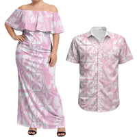 Pastel Pink Kahili Quilt Hawaii Couples Matching Off Shoulder Maxi Dress and Hawaiian Shirt Tropical Flower Seamless Half Style LT14 Pink - Polynesian Pride