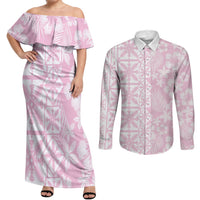Pastel Pink Kahili Quilt Hawaii Couples Matching Off Shoulder Maxi Dress and Long Sleeve Button Shirt Tropical Flower Seamless Half Style LT14 Pink - Polynesian Pride