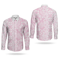 Pastel Pink Kahili Quilt Hawaii Couples Matching Off Shoulder Maxi Dress and Long Sleeve Button Shirt Tropical Flower Seamless Half Style LT14 - Polynesian Pride