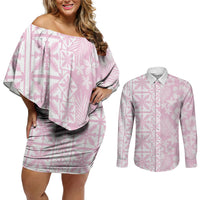 Pastel Pink Kahili Quilt Hawaii Couples Matching Off Shoulder Short Dress and Long Sleeve Button Shirt Tropical Flower Seamless Half Style LT14 Pink - Polynesian Pride