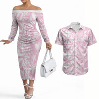 Pastel Pink Kahili Quilt Hawaii Couples Matching Off The Shoulder Long Sleeve Dress and Hawaiian Shirt Tropical Flower Seamless Half Style LT14 Pink - Polynesian Pride