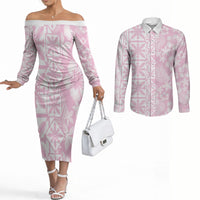 Pastel Pink Kahili Quilt Hawaii Couples Matching Off The Shoulder Long Sleeve Dress and Long Sleeve Button Shirt Tropical Flower Seamless Half Style LT14 Pink - Polynesian Pride
