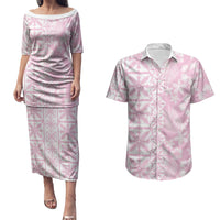 Pastel Pink Kahili Quilt Hawaii Couples Matching Puletasi and Hawaiian Shirt Tropical Flower Seamless Half Style LT14 Pink - Polynesian Pride