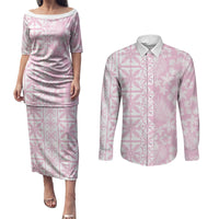Pastel Pink Kahili Quilt Hawaii Couples Matching Puletasi and Long Sleeve Button Shirt Tropical Flower Seamless Half Style LT14 Pink - Polynesian Pride