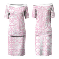 Pastel Pink Kahili Quilt Hawaii Couples Matching Puletasi and Long Sleeve Button Shirt Tropical Flower Seamless Half Style LT14 - Polynesian Pride